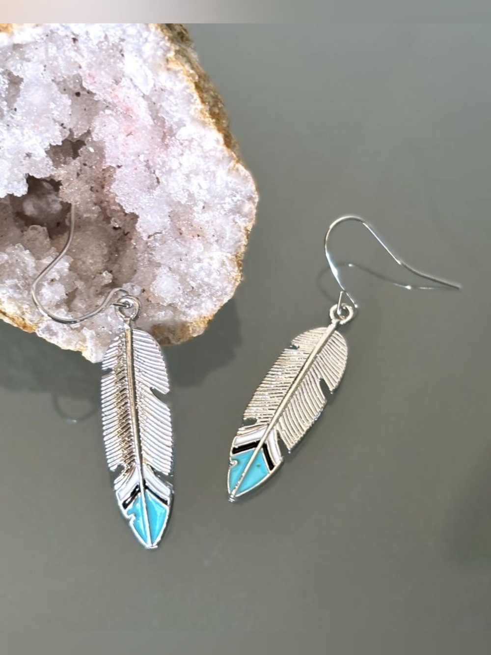 Southwestern Silver Feather with Enameled Turquoise Tip Dangle Earrings New